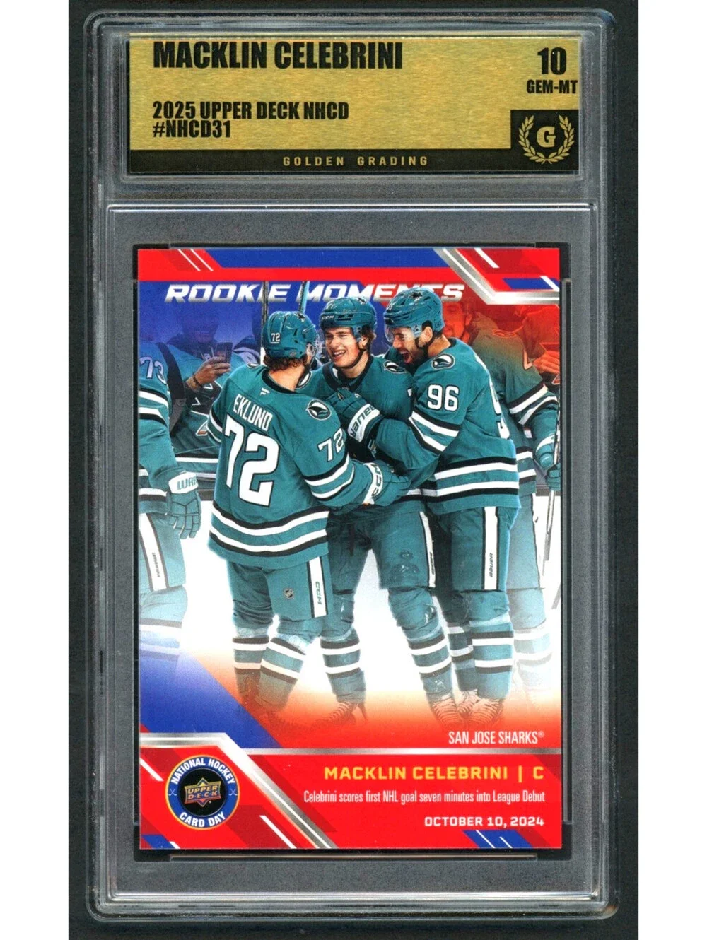 2025 Upper Deck NHCD31 Macklin Celebrini Rookie Moments  Graded Gem Mint 10
